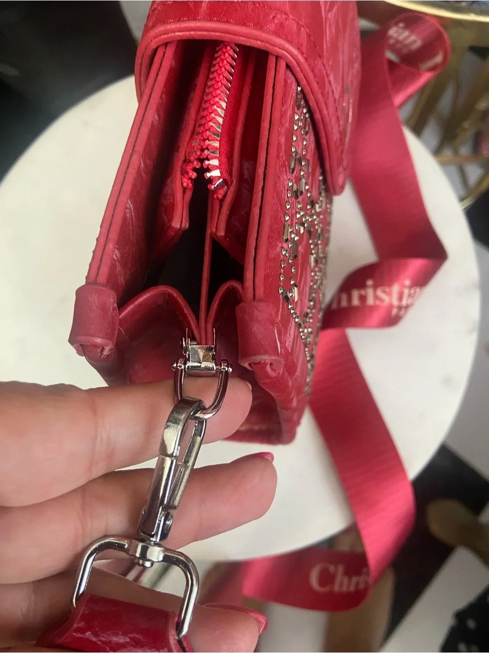 Luxe’ Red Quilted Crossbody with Studded Logo Pattern